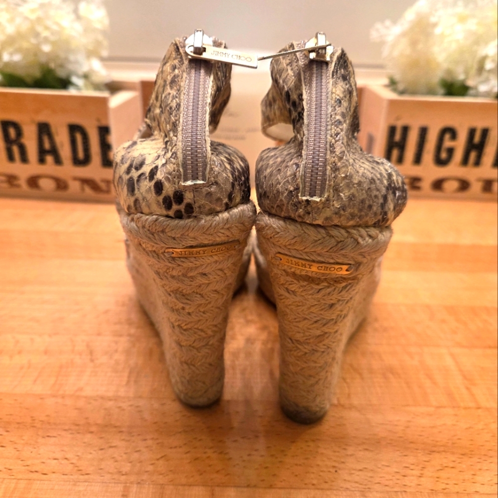 Jimmy Choo Snake Embossed Heels Espadrille Sandals Platform Python 37/6.5 - Picture 4 of 10